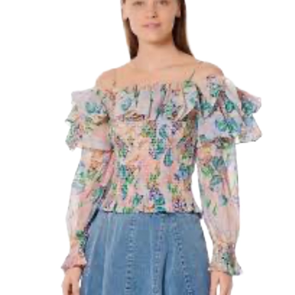 Gracia White, Blue, Print, Ruffled Long Sleeve Blouse, 70% Rayon, 30% Nylon - Picture 2 of 10